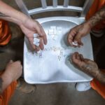 Two tattooed inmates in orange uniforms playing dominoes on a chair in prison.