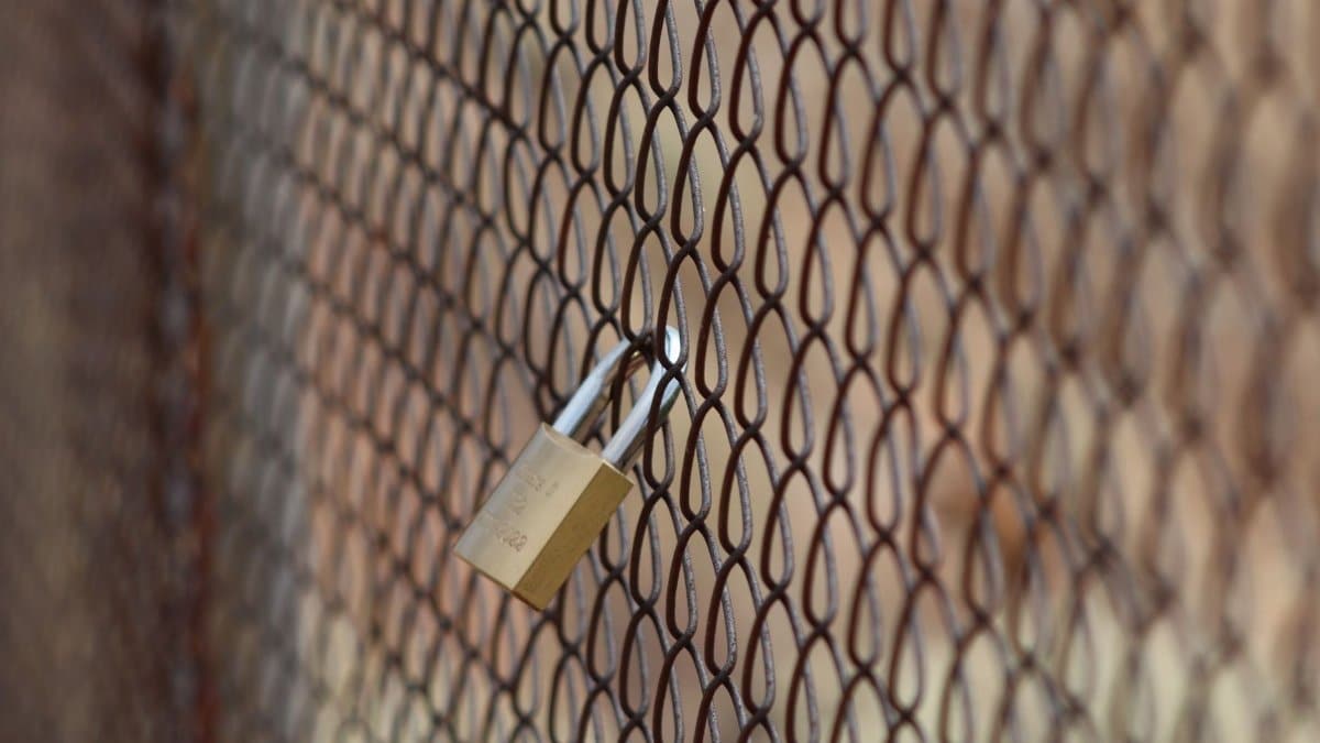 A closeup image of a metal padlock on a chain-link fence, symbolizing security and protection.