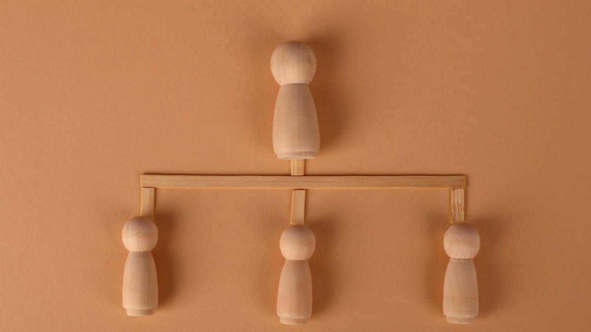 Minimalist wooden peg dolls arranged in a family tree or business hierarchy structure on a brown background.