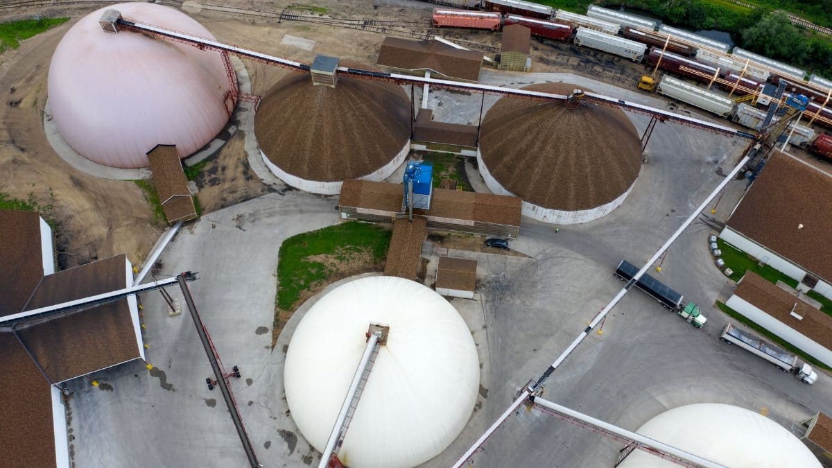 Aerial photograph showcasing interconnected industrial silos at a facility in Winona, Minnesota.