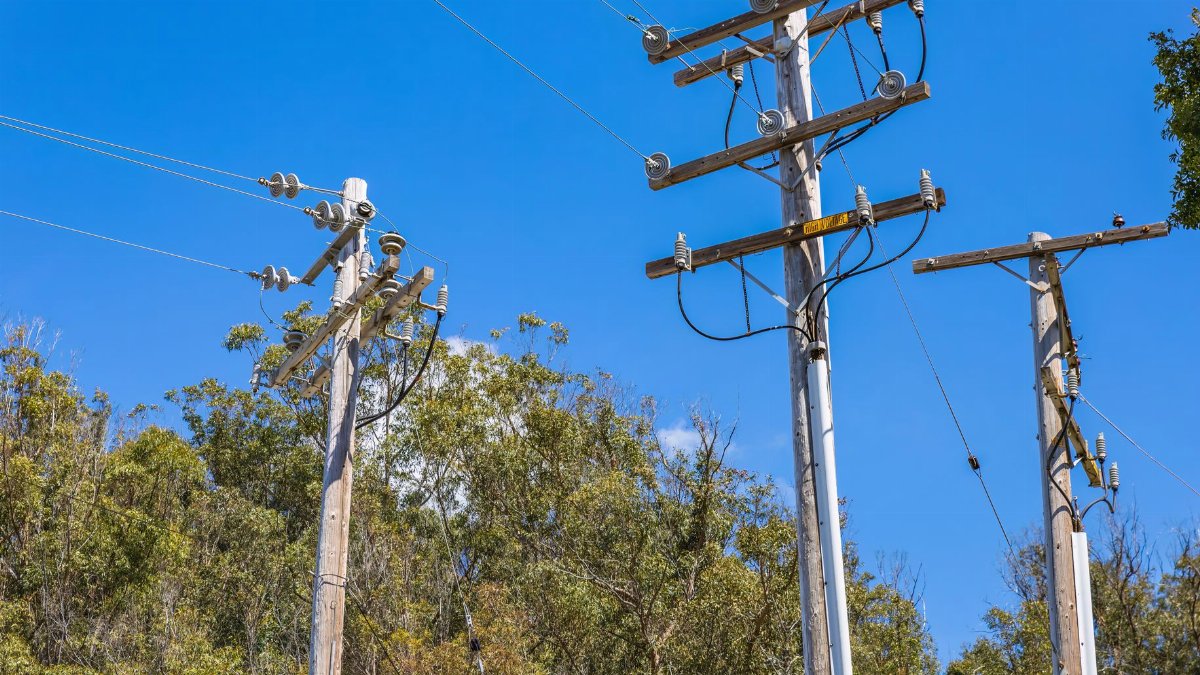 Wooden utility poles with power lines and a blue sky backdrop. Ideal for energy and utility themes.