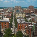 Aerial view of Baltimore city, showcasing its distinctive architecture and urban layout on a bright day.