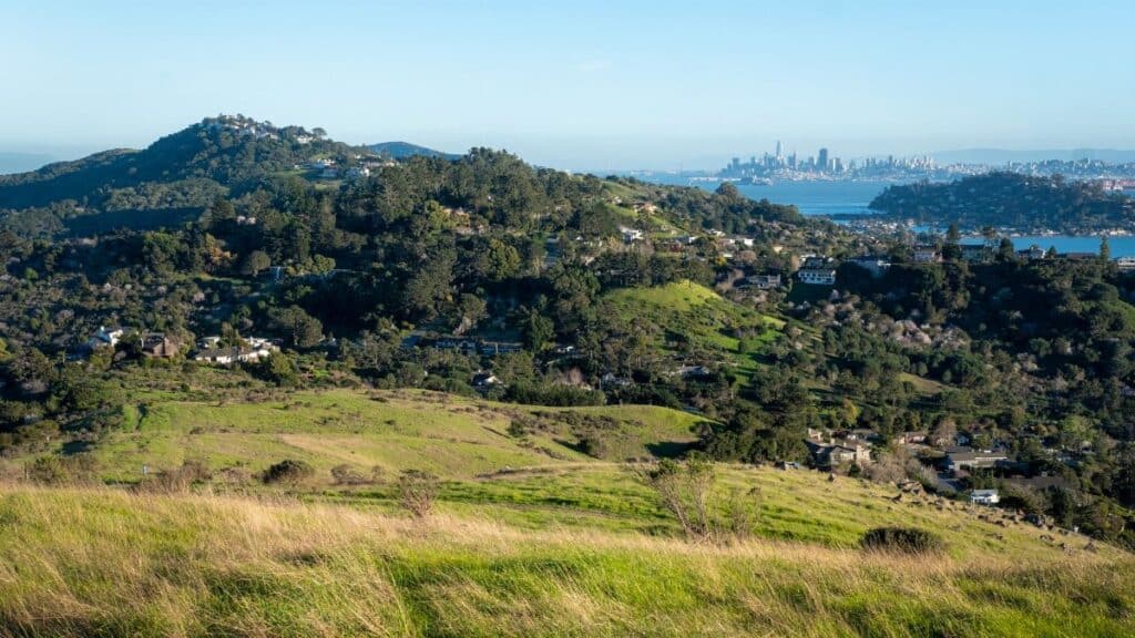 Picturesque view of Bay Area hills and San Francisco cityscape in summer light.