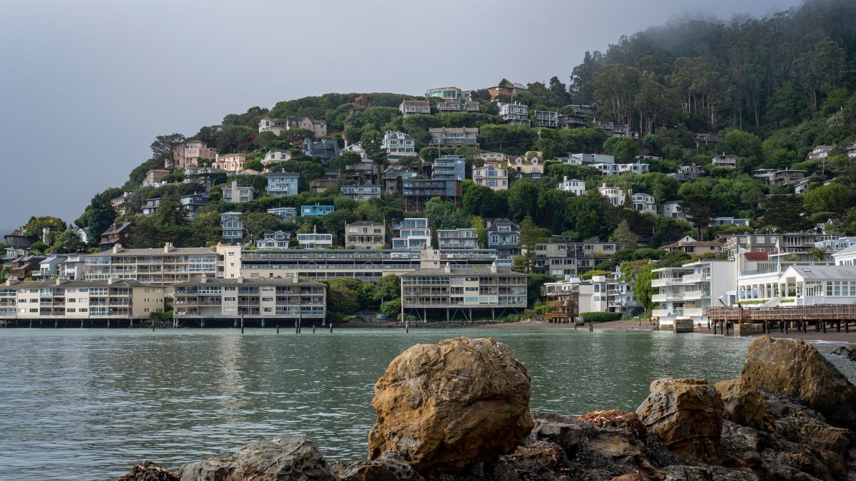 Charming hillside residences overlooking the calm waters of Sausalito Bay under an overcast sky.