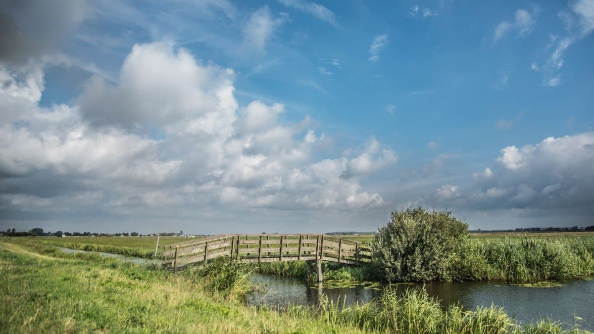 Tranquil rural landscape featuring a wooden bridge, fields, and dramatic clouds in the Netherlands.