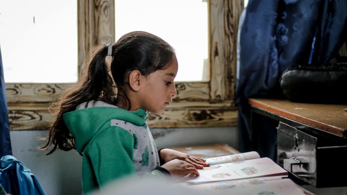 Side view of smart ethnic girl with dark hair learning with book in old school