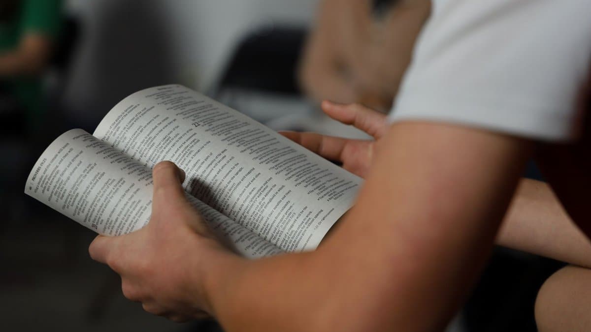 Focused shot of hands holding an open book indoors, promoting reading and education.