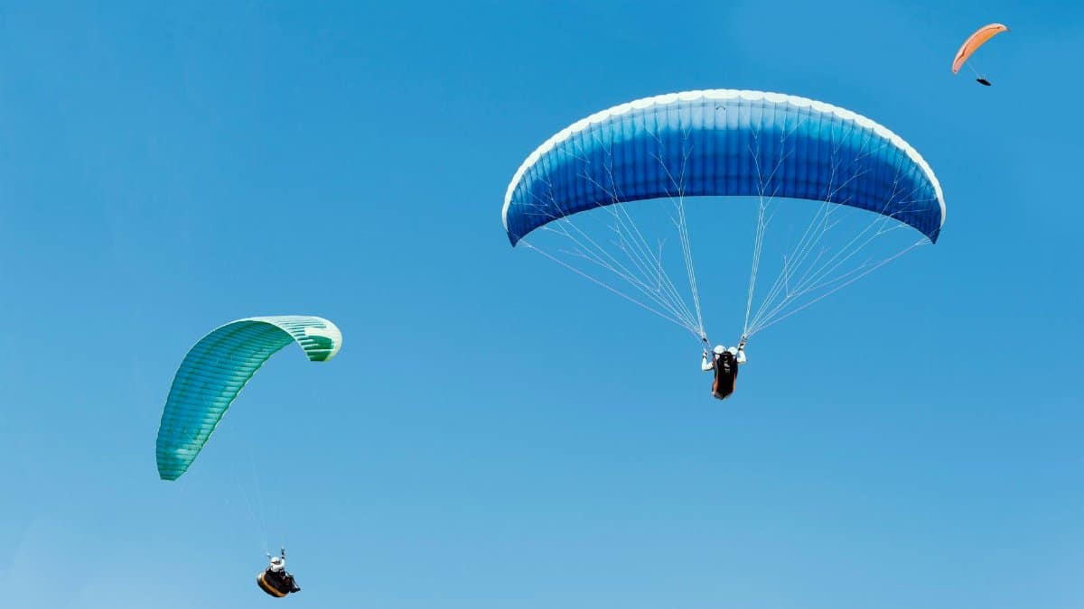 Three paragliders soaring gracefully under a clear blue sky, capturing the essence of adventure.