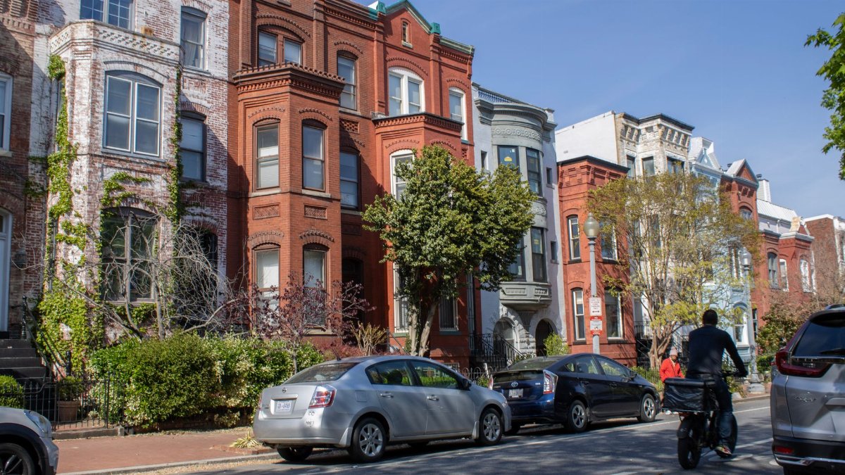 Beautiful brownstone row houses on a sunny street in Washington D.C.