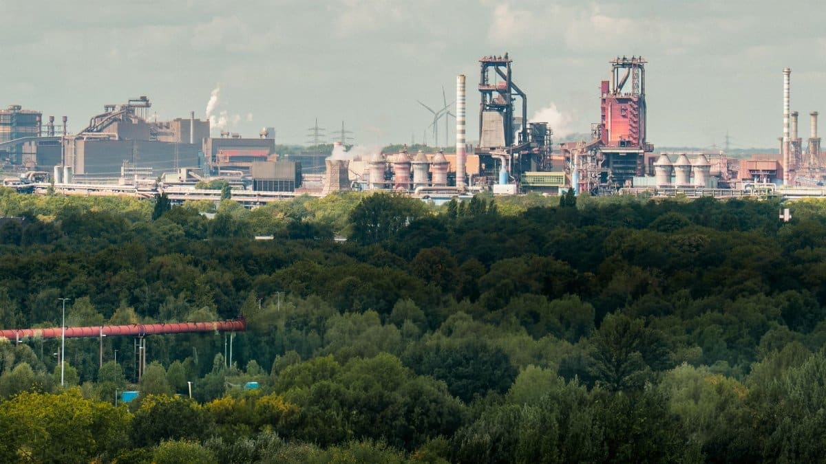 View of heavy industry and lush forest in Duisburg, Germany.
