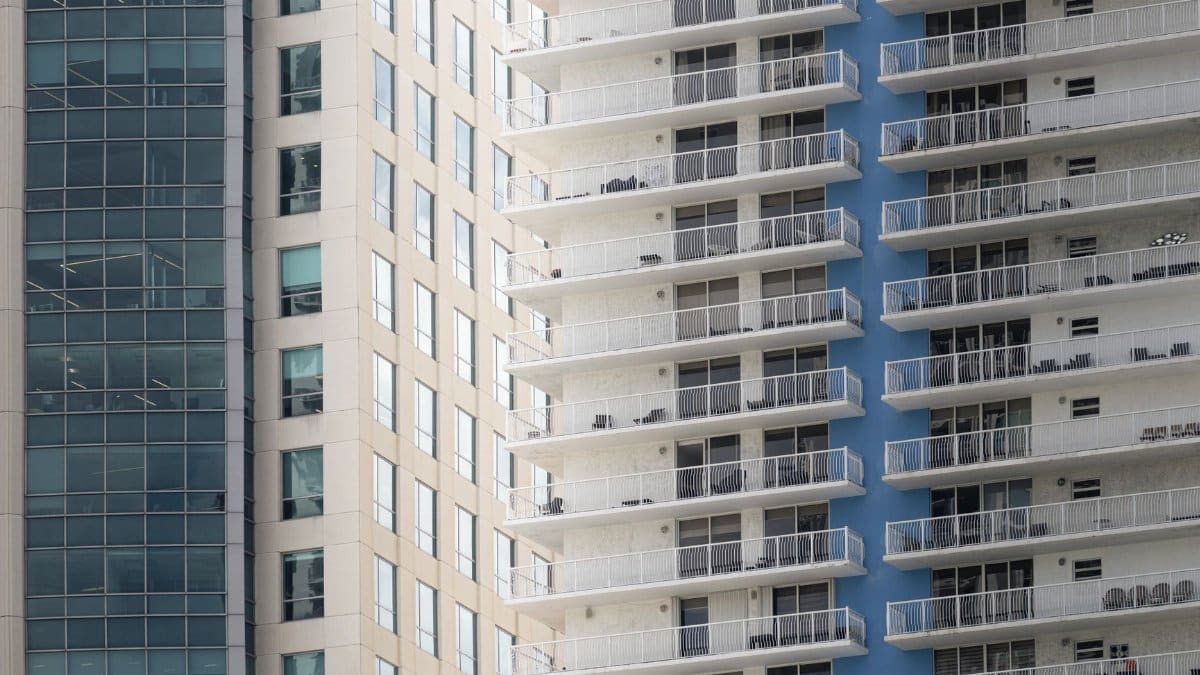Close-up view of modern high-rise building facades in Miami, Florida, showcasing urban architecture.