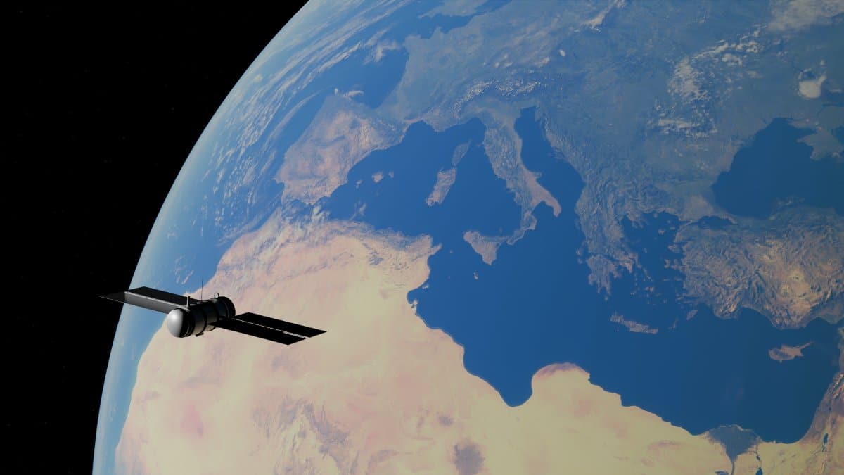 A satellite orbiting Earth, showcasing the Mediterranean Sea and surrounding continents.