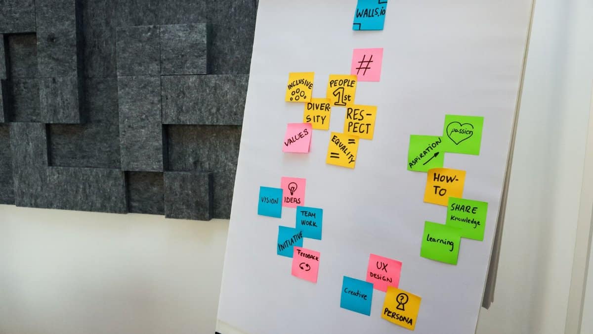 An office whiteboard filled with colorful sticky notes showcasing teamwork and creativity concepts.
