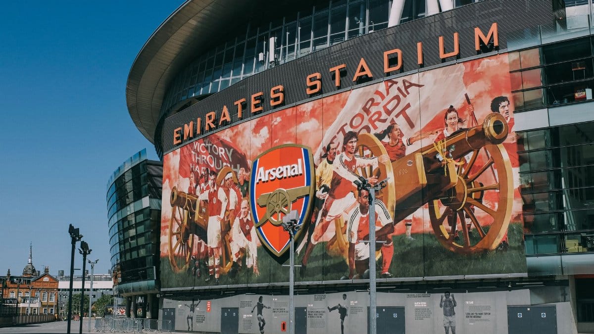 Exterior view of the iconic Emirates Stadium, home of Arsenal FC in London, England.