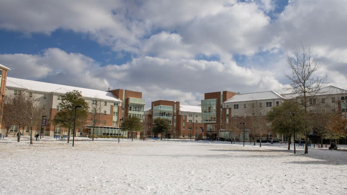 A winter scene of a snow-covered university campus in Norfolk, Virginia, USA.