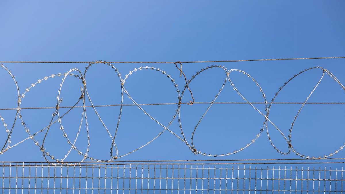 Detailed image of barbed wire fence under clear blue sky, symbolizing security and restriction.