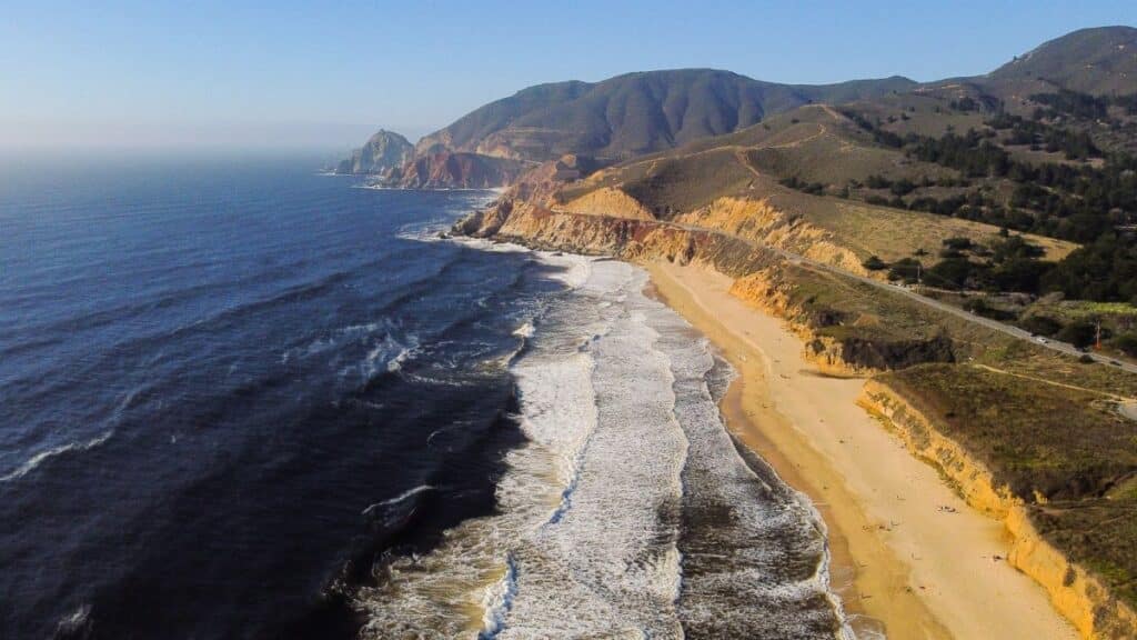 Captivating aerial photograph showcasing the breathtaking coastline of Half Moon Bay, California.