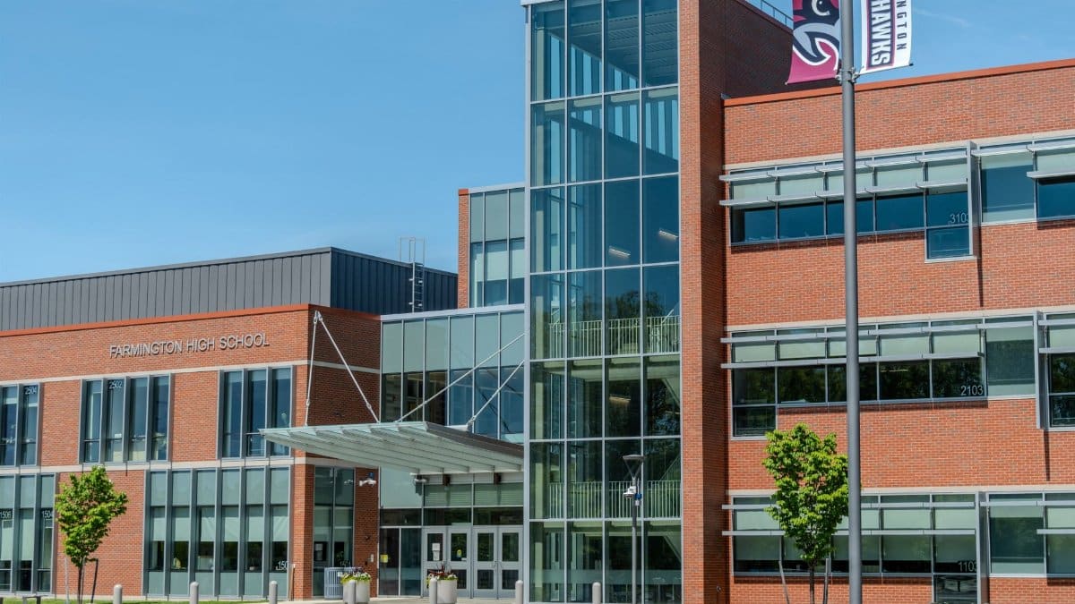 Front view of Farmington High School, Connecticut, showcasing modern design.
