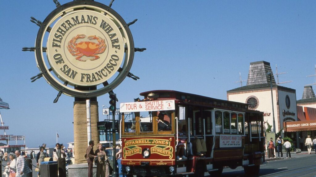 View of Fisherman's Wharf with vintage cable car in San Francisco.