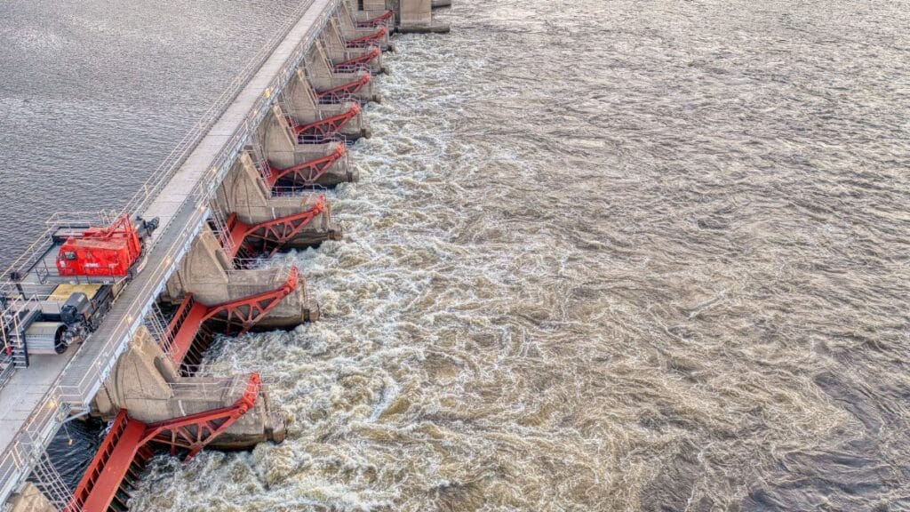 Aerial view of energy-generating lock and dam in Alma, WI on the Mississippi River.
