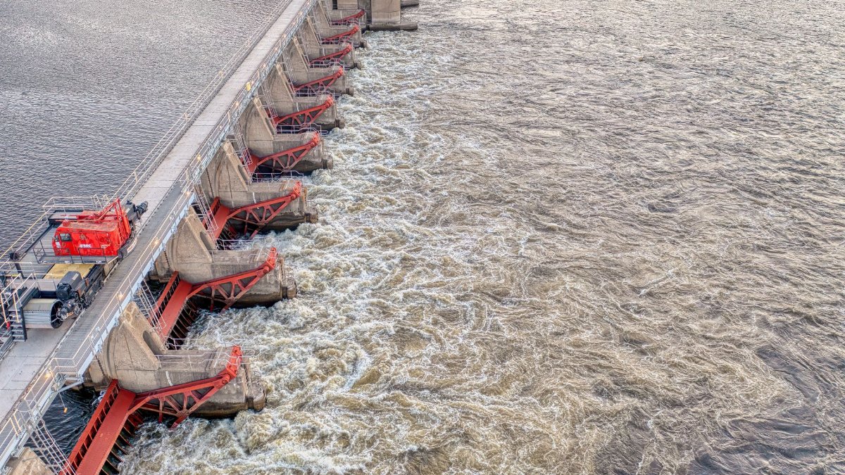 Aerial view of energy-generating lock and dam in Alma, WI on the Mississippi River.