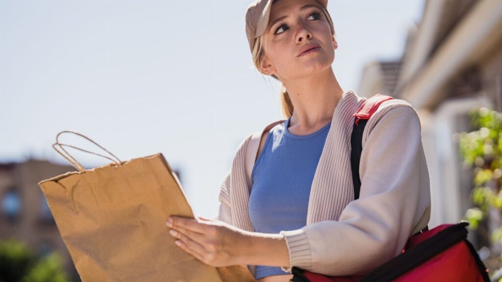 A young woman outdoors holding a delivery bag and paper bag, wearing casual attire and a cap in a suburban setting.