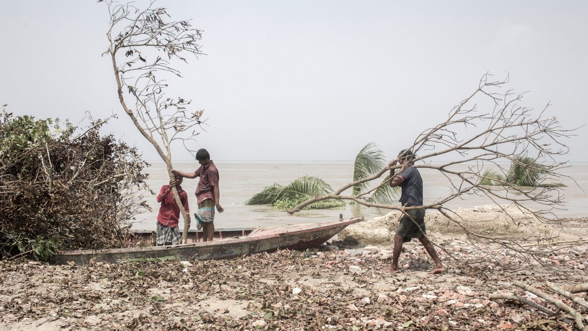 Image of people cleaning debris on a coastal beach after a storm.