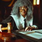 A judge in a courtroom holding a gavel, focused on legal documents.
