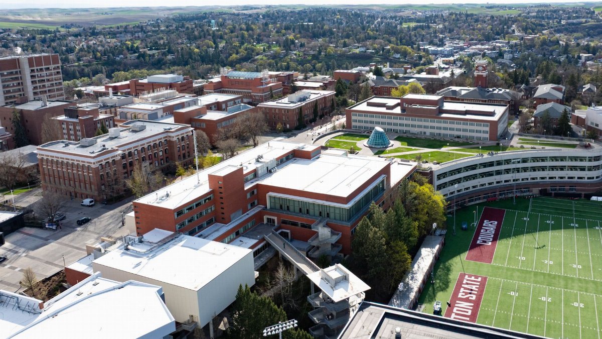 Stunning aerial photo of Washington State University's campus in Pullman, WA, showcasing architecture and landscape.