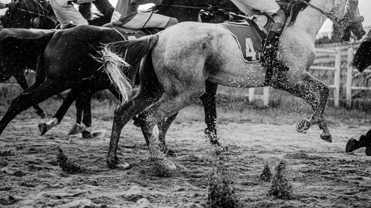 Exciting black and white photo capturing the action of a horse race in full stride.