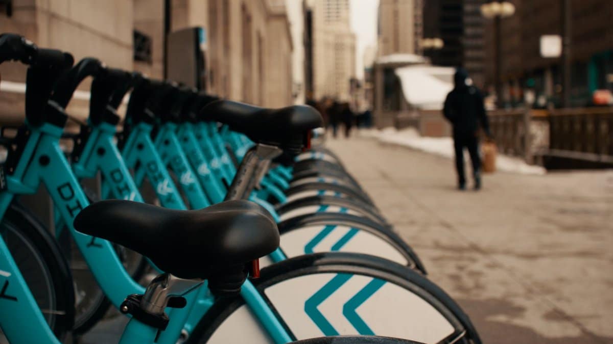 Row of modern similar bicycles parked on street near contemporary building in city on winter day