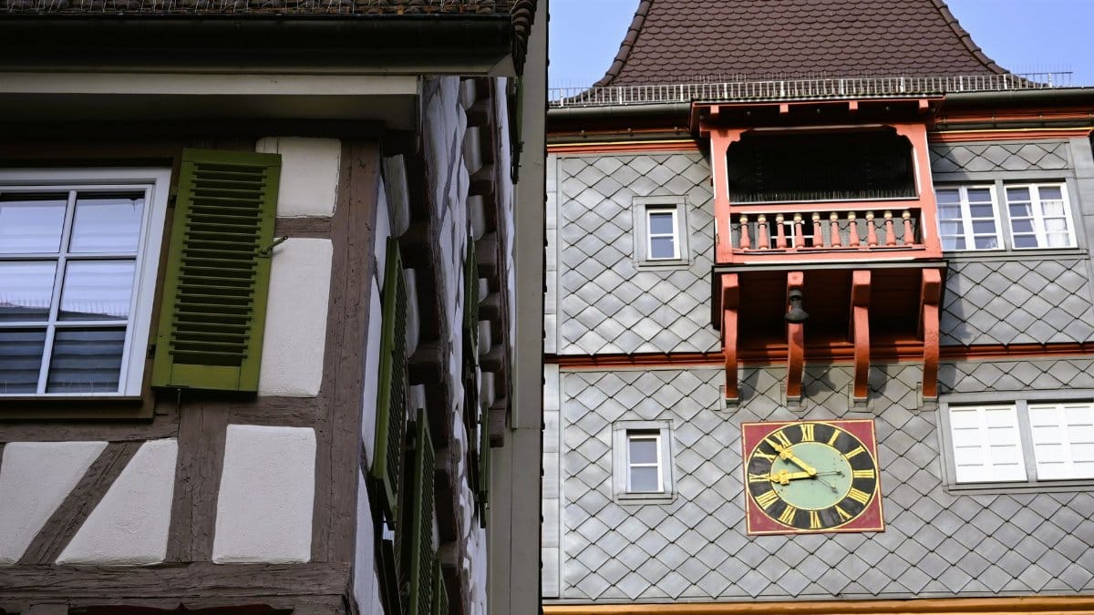 Explore the unique half-timbered houses and historical clock in Baden-Württemberg, Germany.