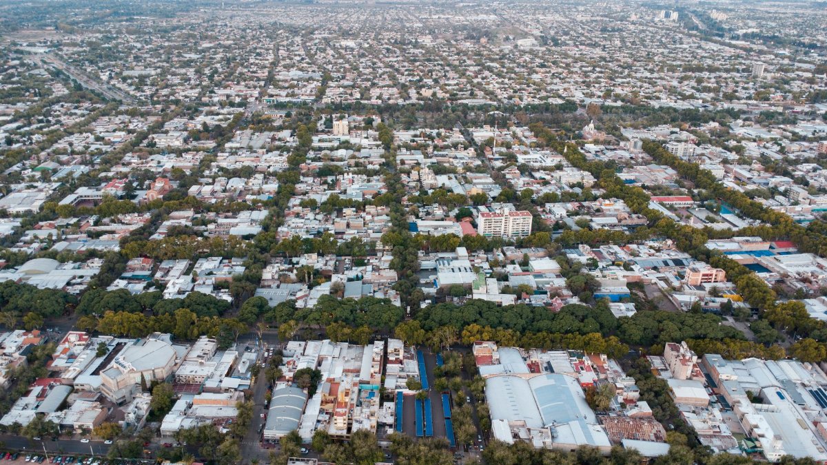 Aerial shot showcasing the urban grid layout of Mendoza City in Argentina.