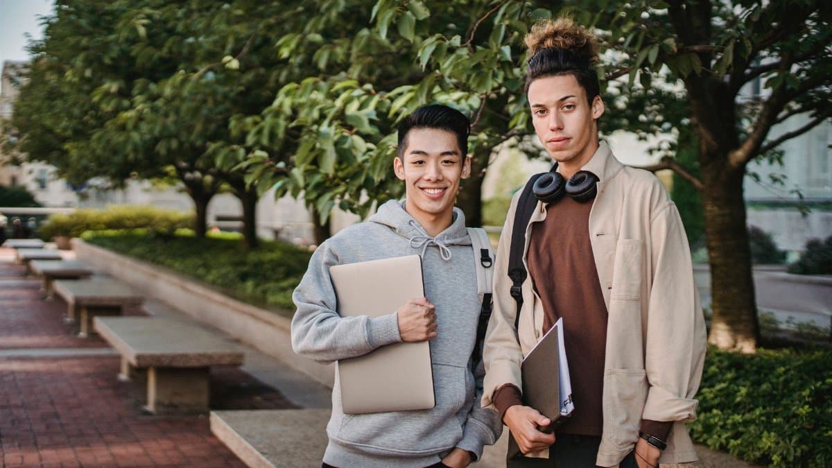 Young multiracial male in casual outfit standing in park near benches and trees with computer and folder in daylight and looking at camera