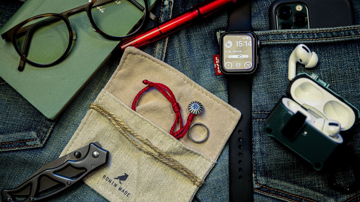 A meticulously organized flat lay showcasing everyday carry essentials on denim jeans.