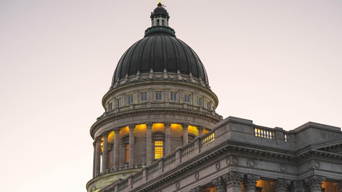 Neoclassical architecture of Utah State Capitol dome at twilight, Salt Lake City, USA.