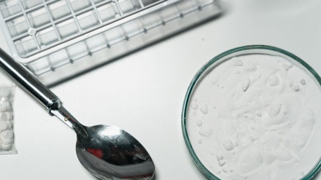 Metal spoon and white powder on a white countertop, suggesting substance use.