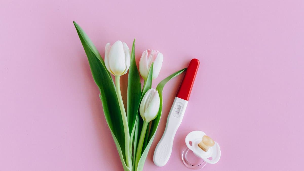 Flat lay of pregnancy test, pacifier, and tulips on pink surface conveying fertility and new beginnings.