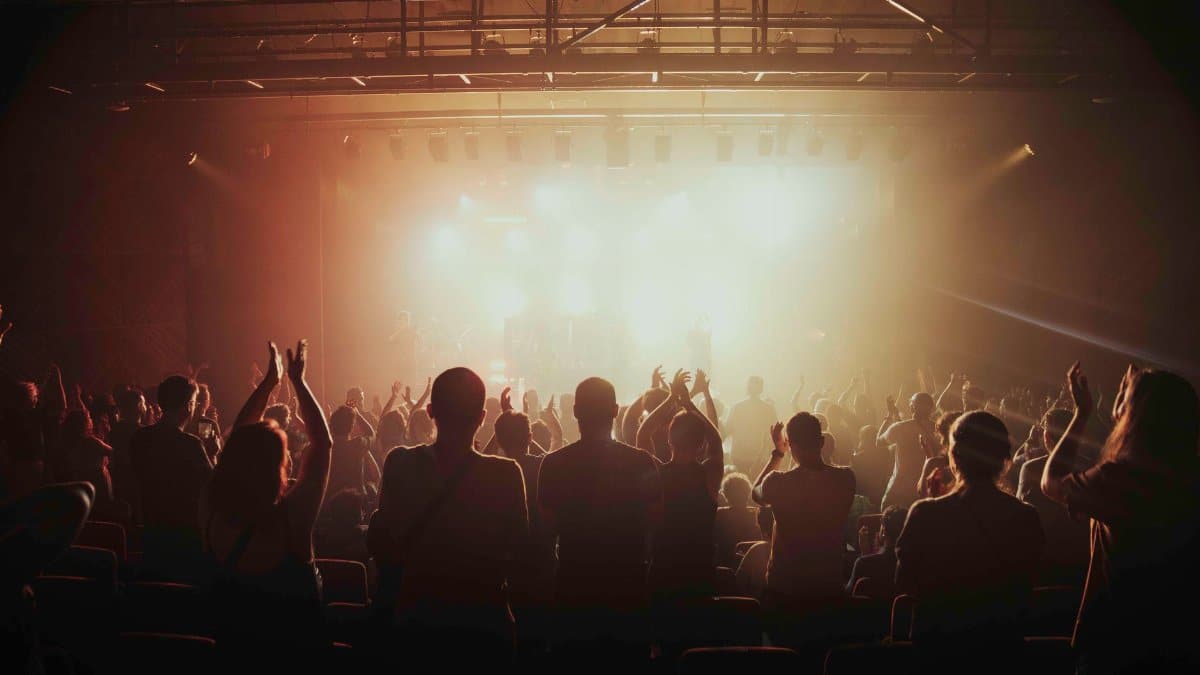 Vibrant crowd cheers during live concert in dimly lit indoor venue.