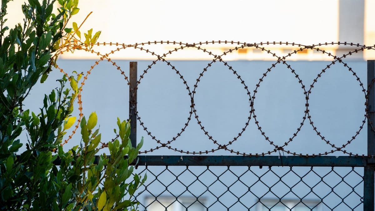 Barbed wire fence with sunlight and greenery, symbolizing security and boundary.