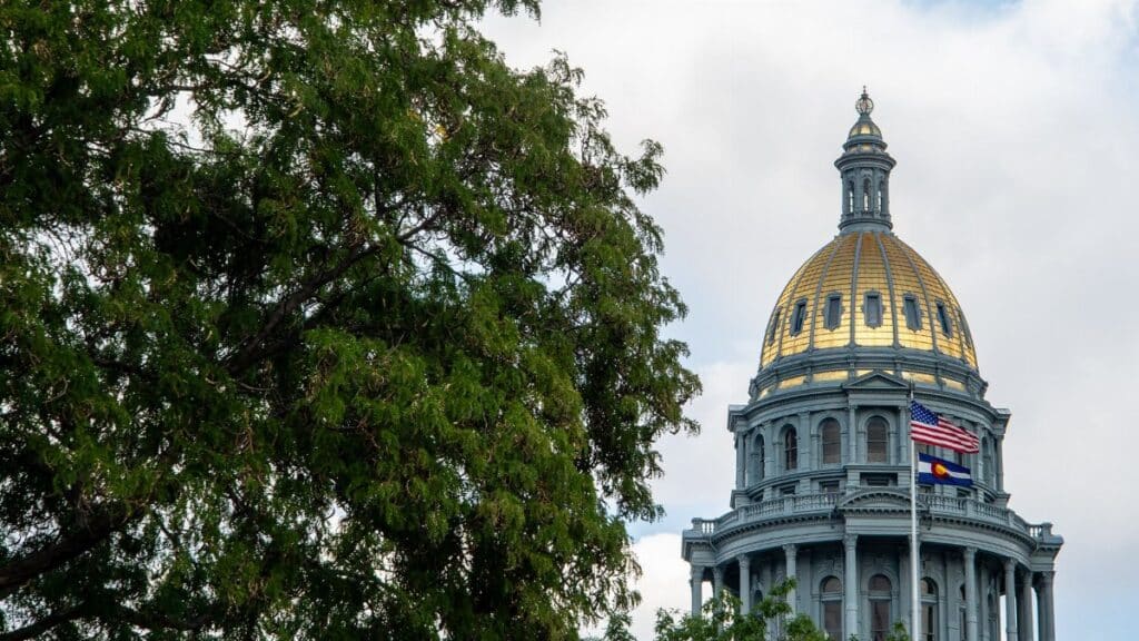 View of Denver's State Capitol with tree and flags in the foreground.