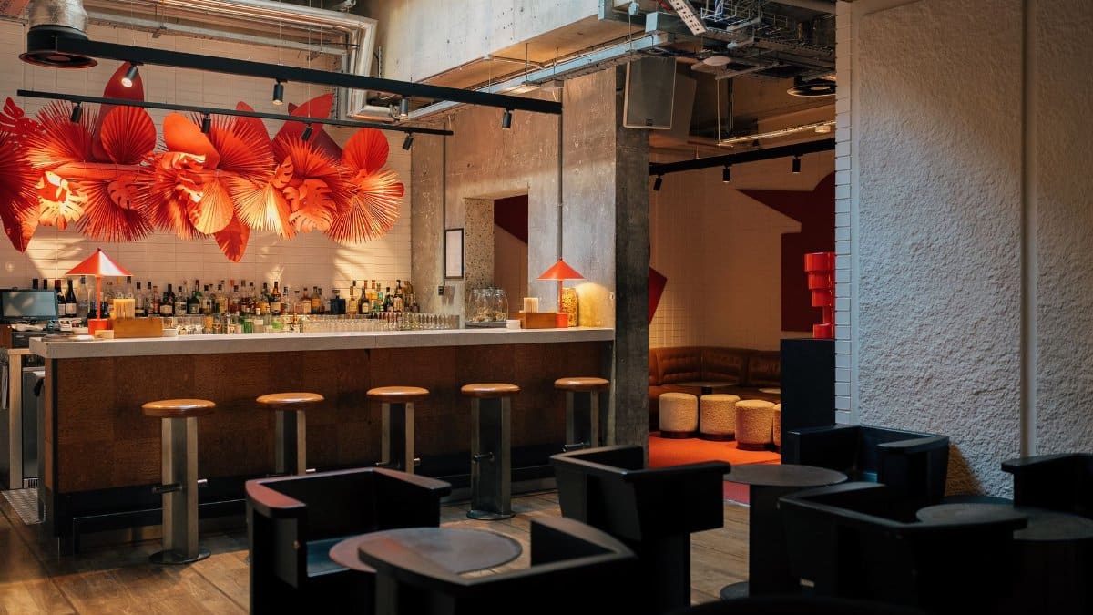 A stylish bar interior featuring contemporary design and artistic red lighting for a cozy ambiance.