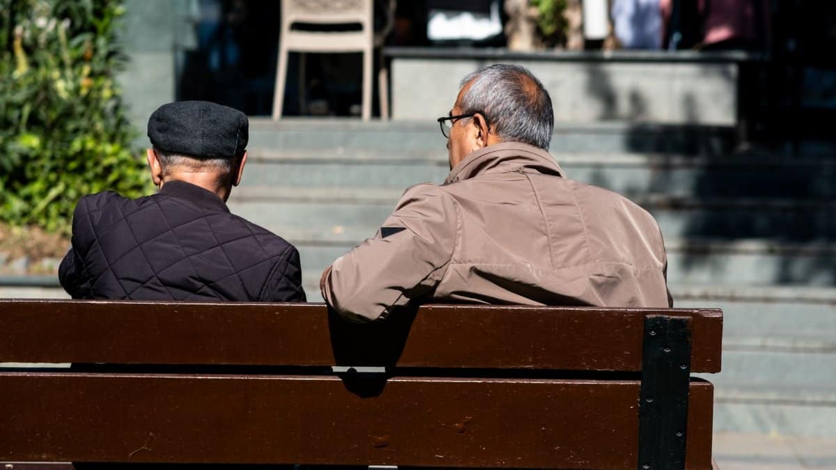 Two senior men enjoying a sunny day on a park bench, engaged in conversation.