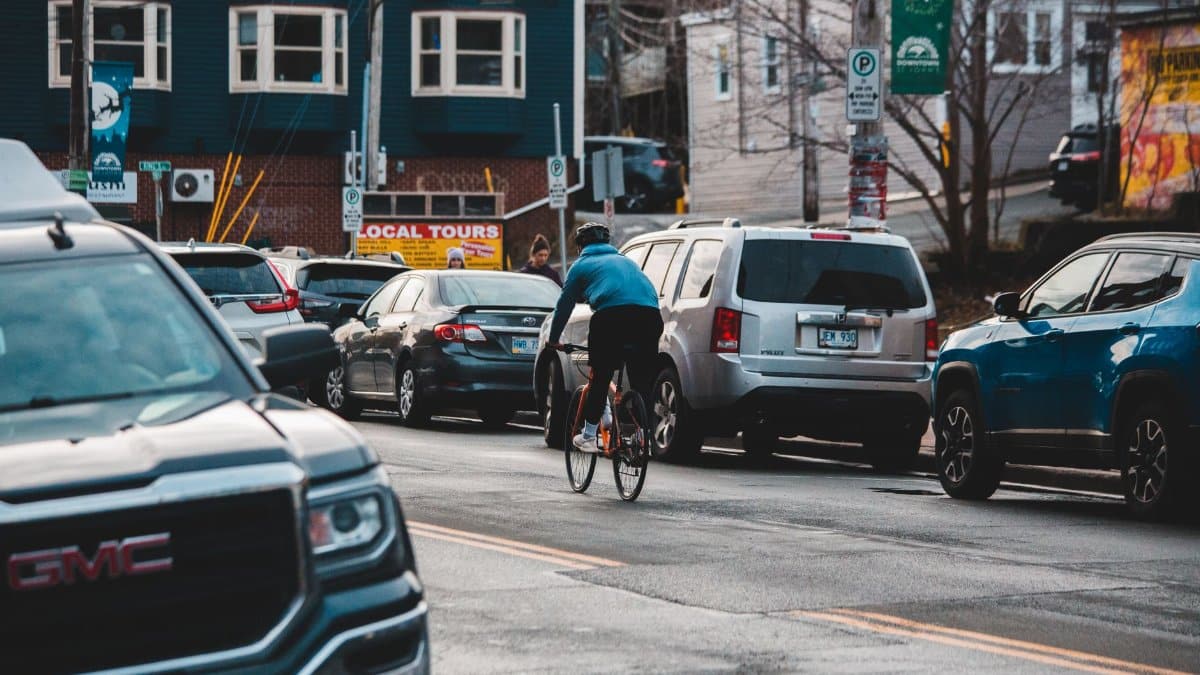 Back view of anonymous man cyclist riding bicycle on asphalt road between parked cars on city street in daytime