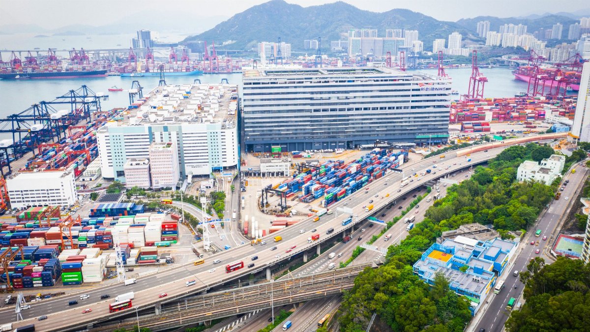 Aerial photo capturing Kwai Tsing Container Terminals, showing vibrant shipping activity in Hong Kong.