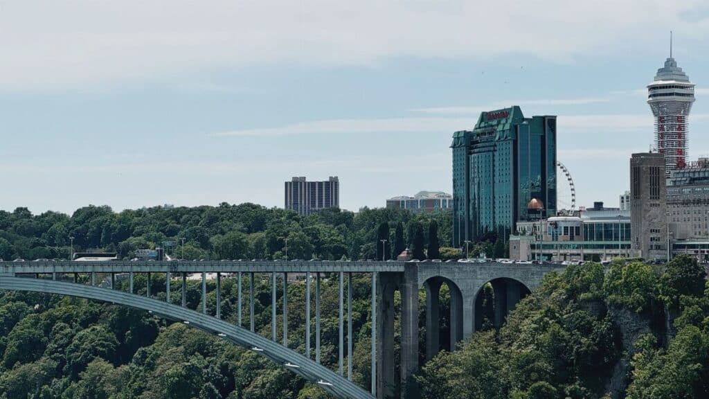 Panoramic view of Rainbow Bridge connecting USA and Canada over the Niagara River.