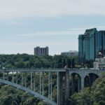 Panoramic view of Rainbow Bridge connecting USA and Canada over the Niagara River.