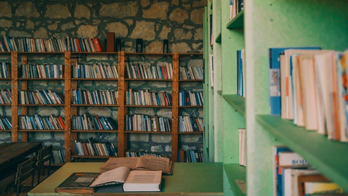 Inviting library room with wooden shelves and open books, creating a cozy reading atmosphere.