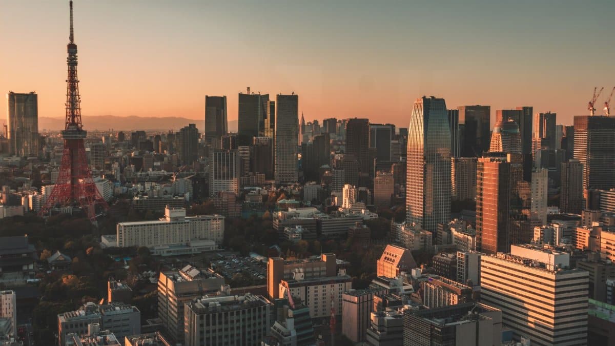 Stunning aerial view of Tokyo's skyline with Tokyo Tower at sunset. Perfect for travel and urban cityscape imagery.