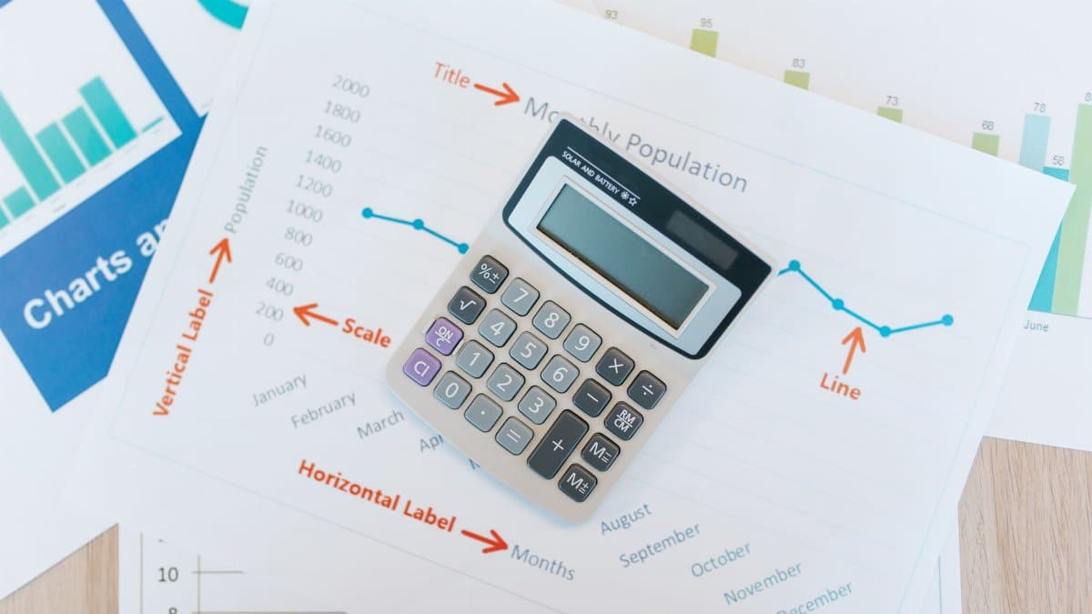 Calculator placed on financial graphs and reports showcasing data analysis and business documentation.
